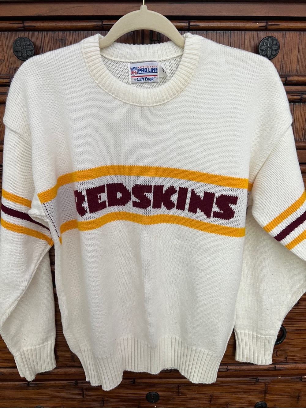 NFL Redskins Cream Crewneck Sweater with Burgundy and Gold Team Stripe